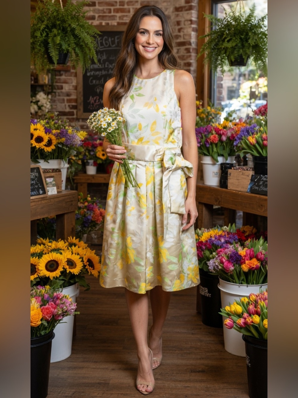 ALEX MARIE FLORAL Sleeveless Dress - Yellow Green Satin Shiny Size 4 Beautiful